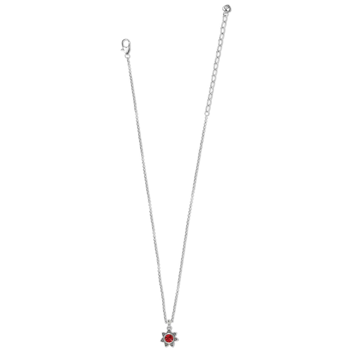 Brighton silver-plated pendant necklace with small red crystal flower charm and lobster clasp on a white background