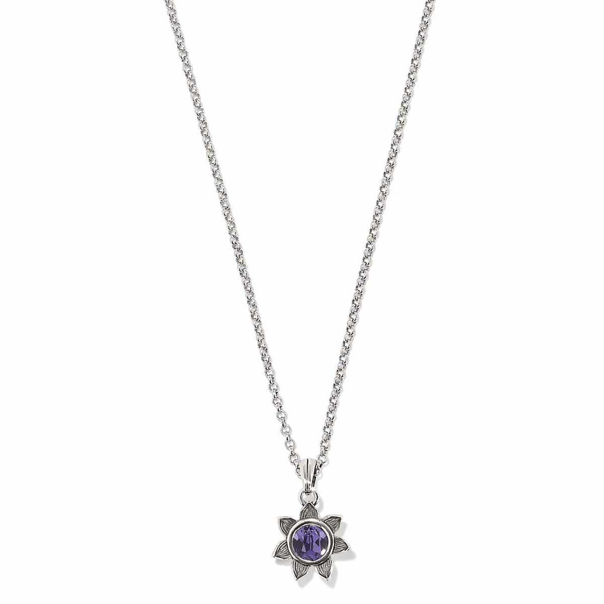 Brighton pendant necklace with purple crystal flower charm and silver-plated rolo chain on a white background