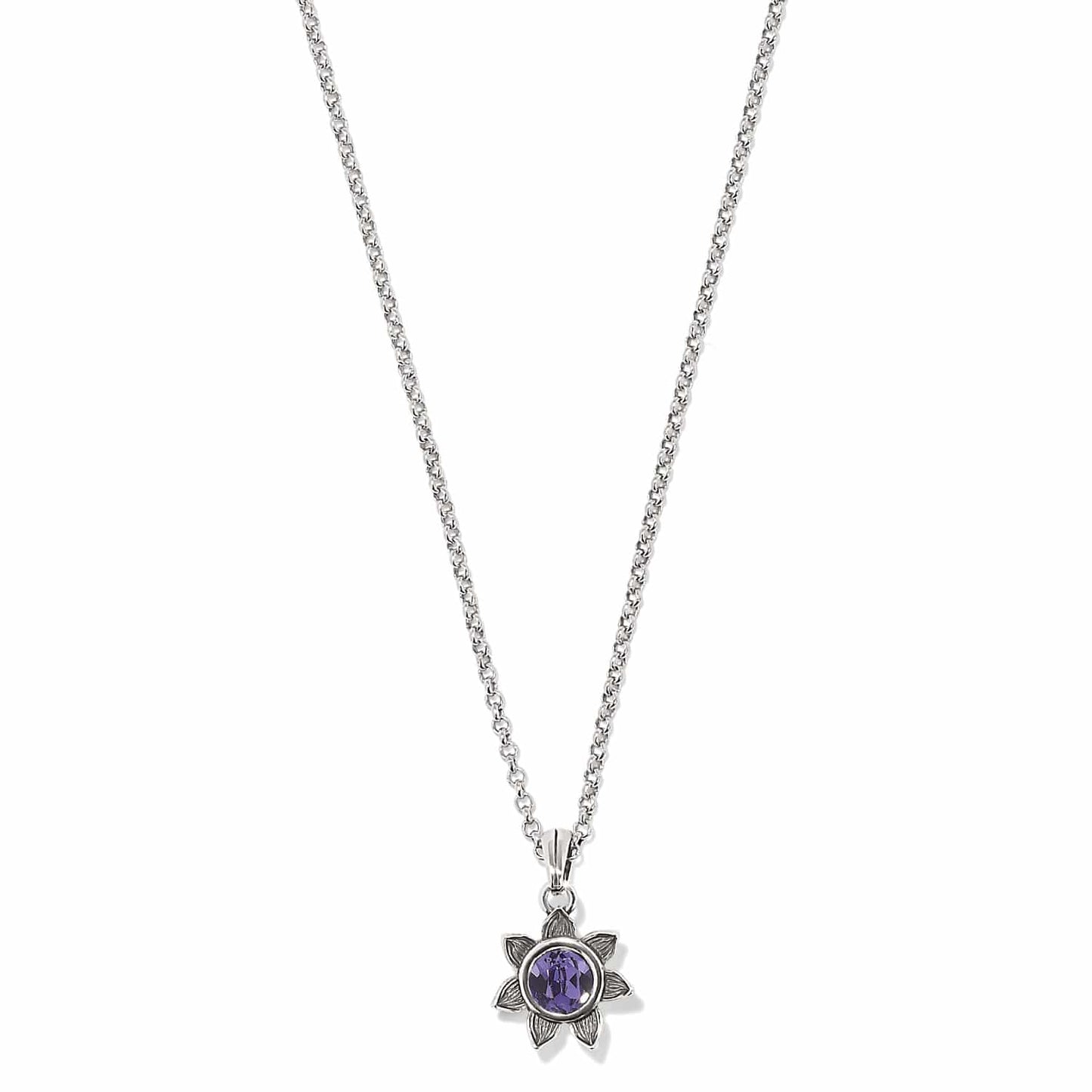 Brighton pendant necklace with purple crystal flower charm and silver-plated rolo chain on a white background
