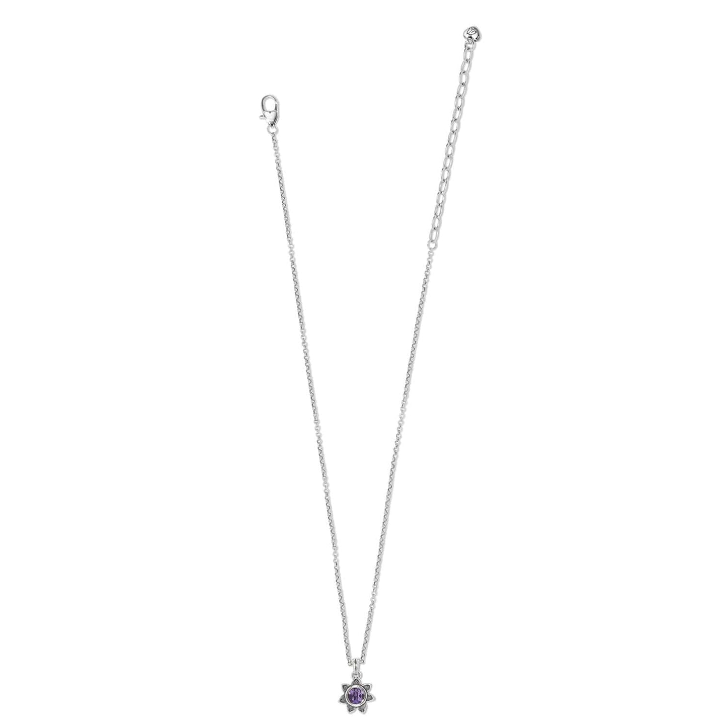 Brighton silver-plated pendant necklace with purple crystal flower charm and lobster clasp on a white background