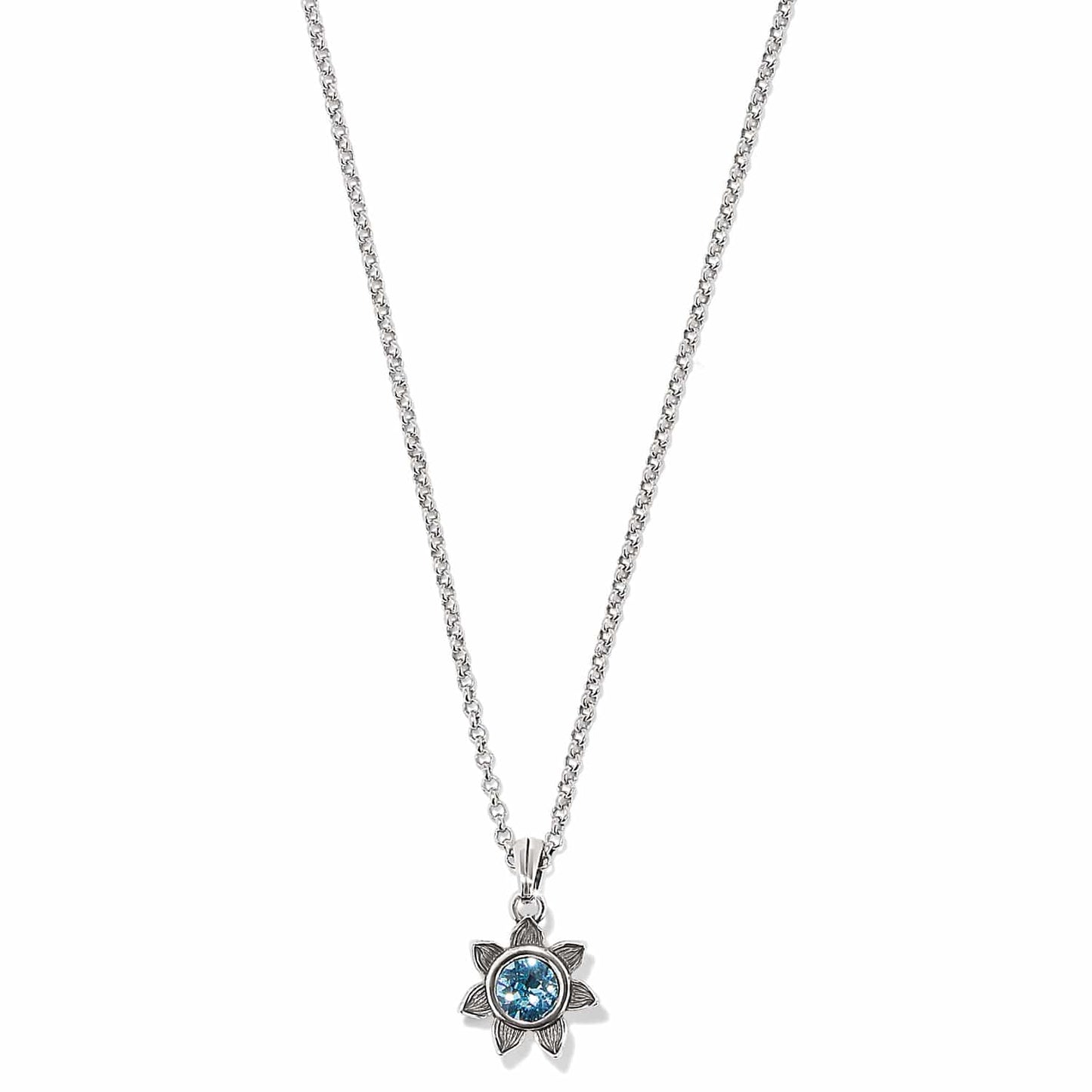 Brighton pendant necklace with silver-plated flower setting and blue crystal center on a white background