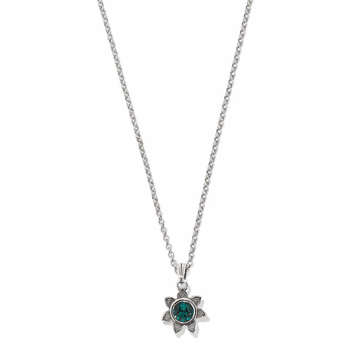 Brighton pendant necklace with green crystal in silver-plated flower setting on rolo chain on a white background