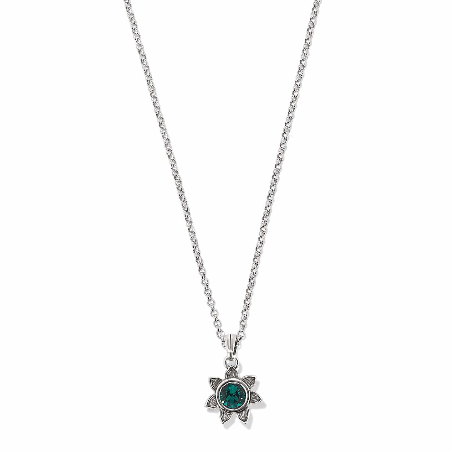 Brighton pendant necklace with green crystal in silver-plated flower setting on rolo chain on a white background