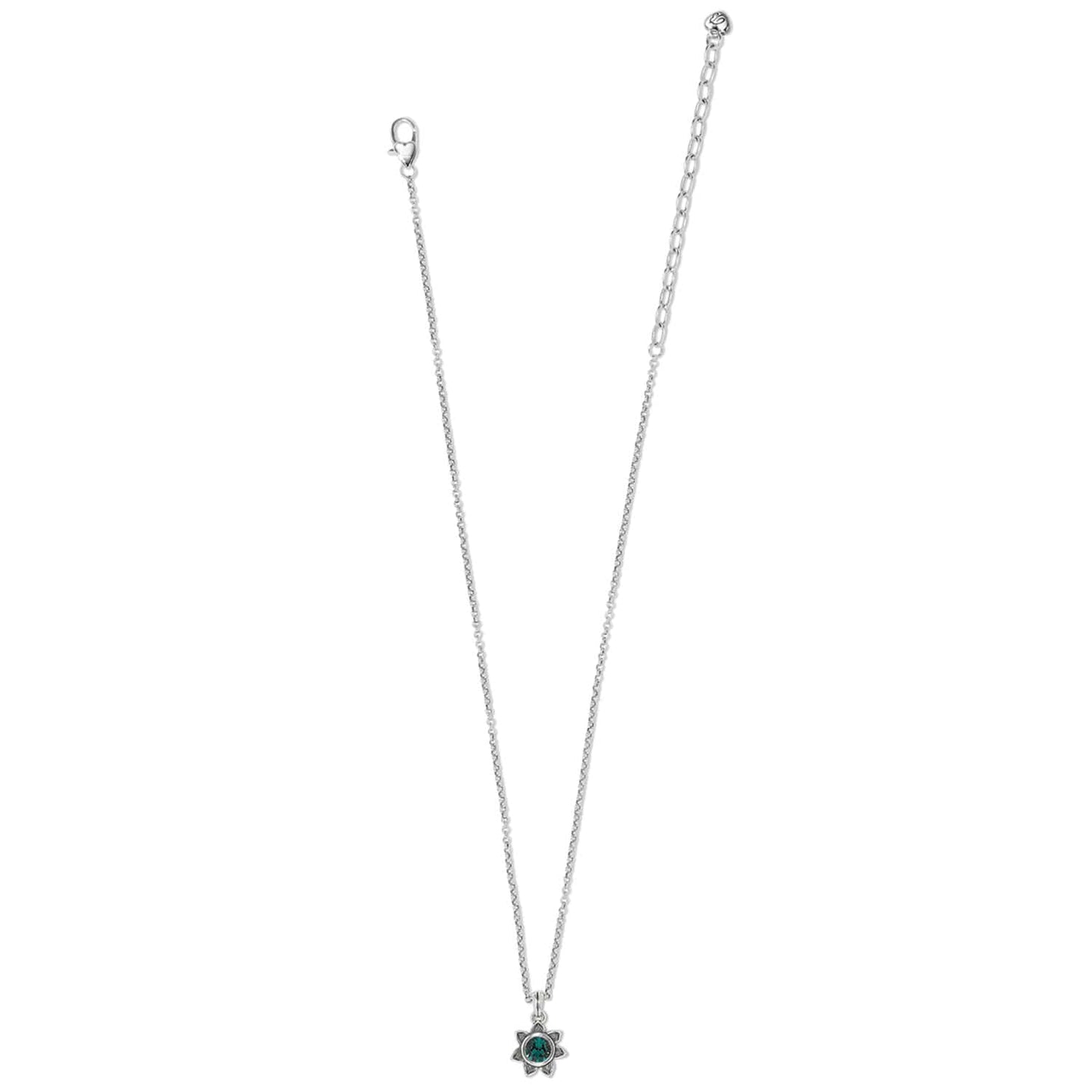 Brighton pendant necklace with silver-plated chain and small green crystal flower charm on a white background