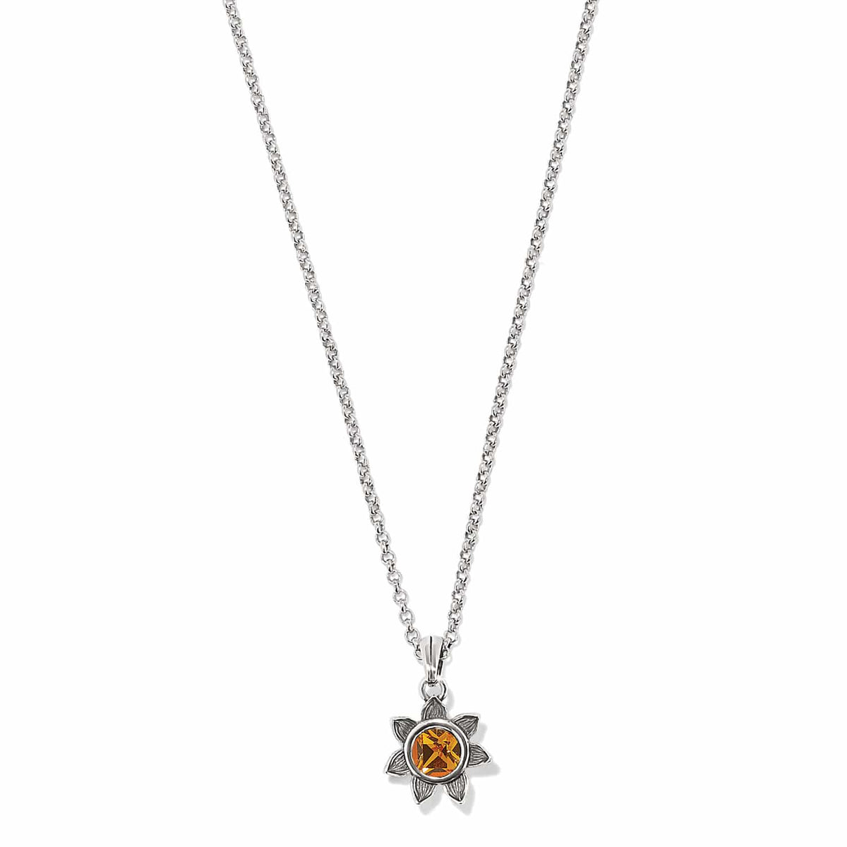 Brighton pendant necklace with silver-plated flower setting and orange crystal center on a white background