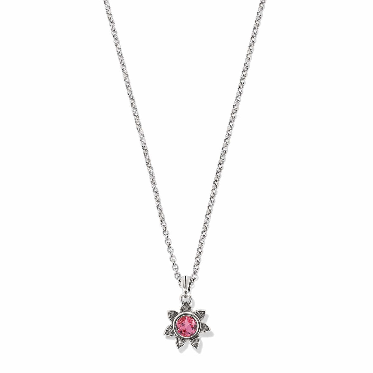 Brighton pendant necklace with pink crystal flower charm and silver-plated rolo chain on a white background