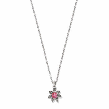 Brighton pendant necklace with pink crystal flower charm and silver-plated rolo chain on a white background