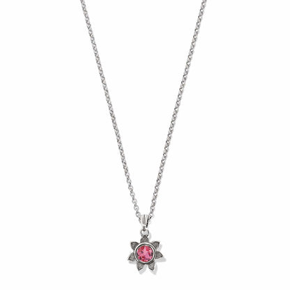 Brighton pendant necklace with pink crystal flower charm and silver-plated rolo chain on a white background