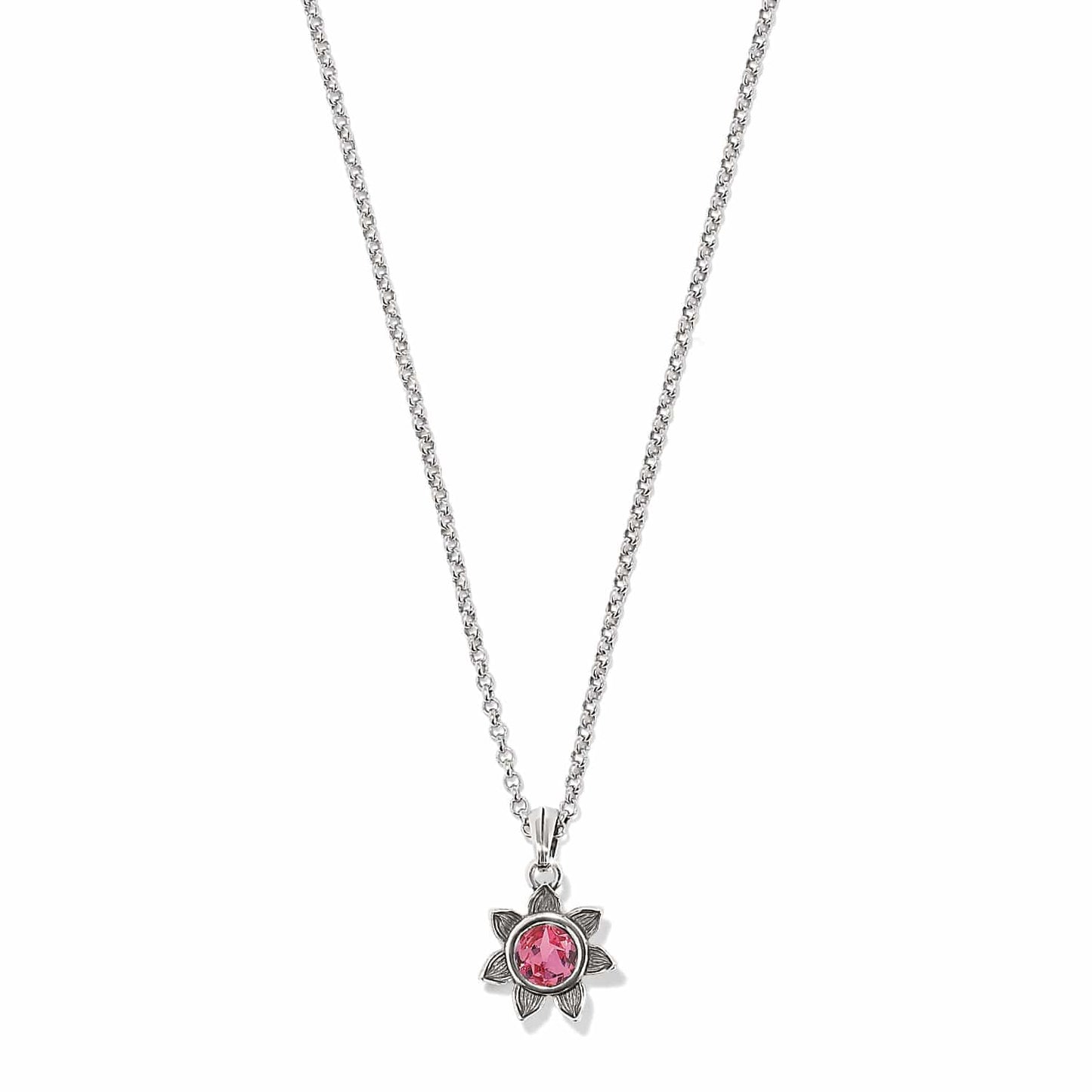 Brighton pendant necklace with pink crystal flower charm and silver-plated rolo chain on a white background