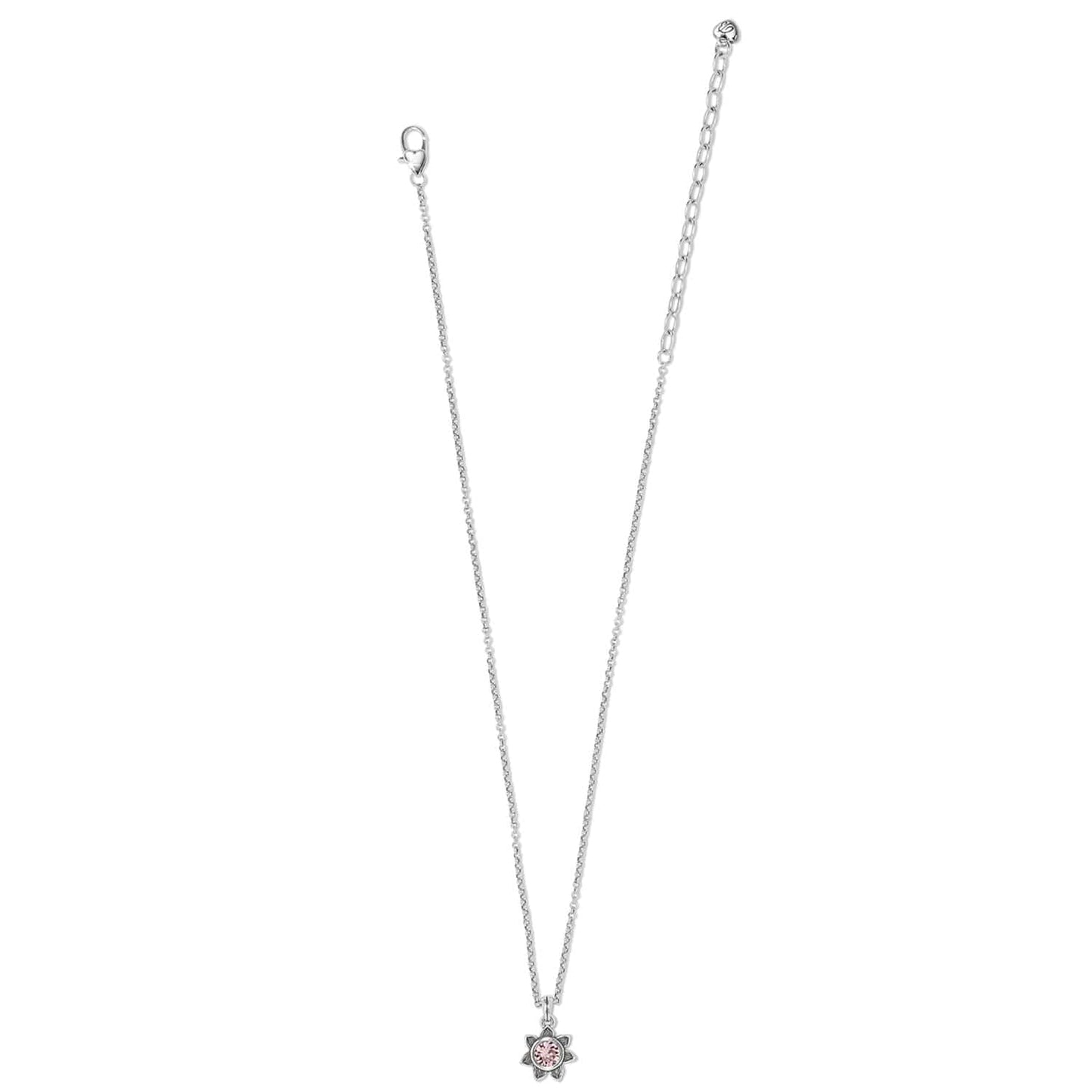 Brighton silver-plated pendant necklace with small pink crystal flower charm and lobster clasp on a white background