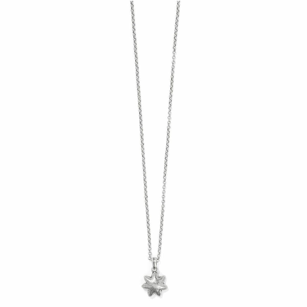 Brighton pendant necklace with silver-plated flower charm and delicate rolo chain on a white background