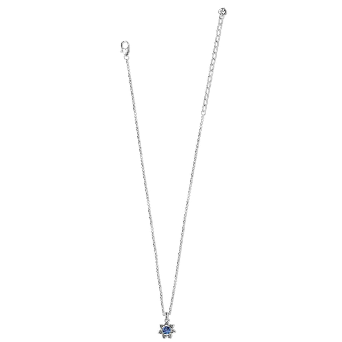Brighton silver-plated pendant necklace with blue crystal flower charm and lobster clasp on a white background