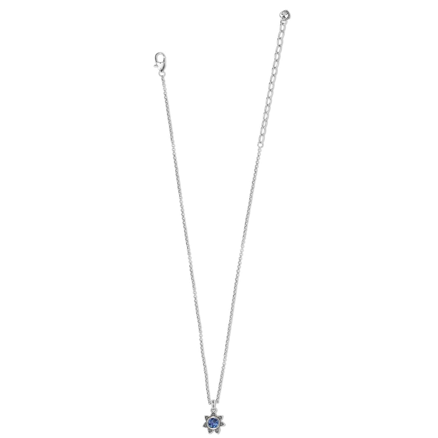 Brighton silver-plated pendant necklace with blue crystal flower charm and lobster clasp on a white background