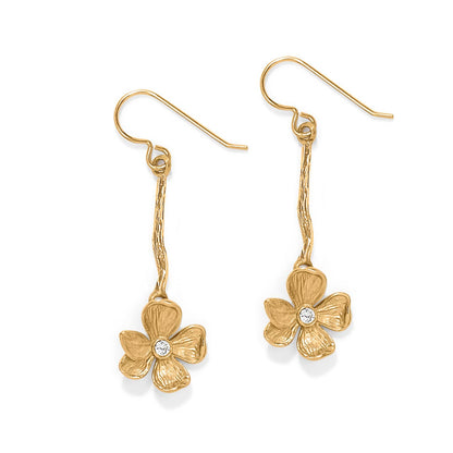 Brighton drop earrings with gold-plated flower charms, crystal centers, and textured stem accents on a white background