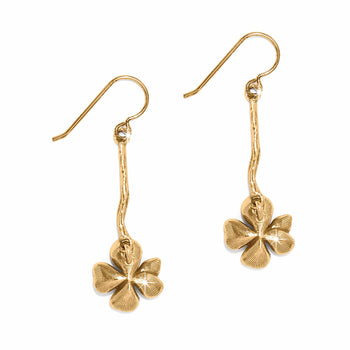 Brighton drop earrings with gold-plated floral pendants and textured stems on French hook wires on a white background