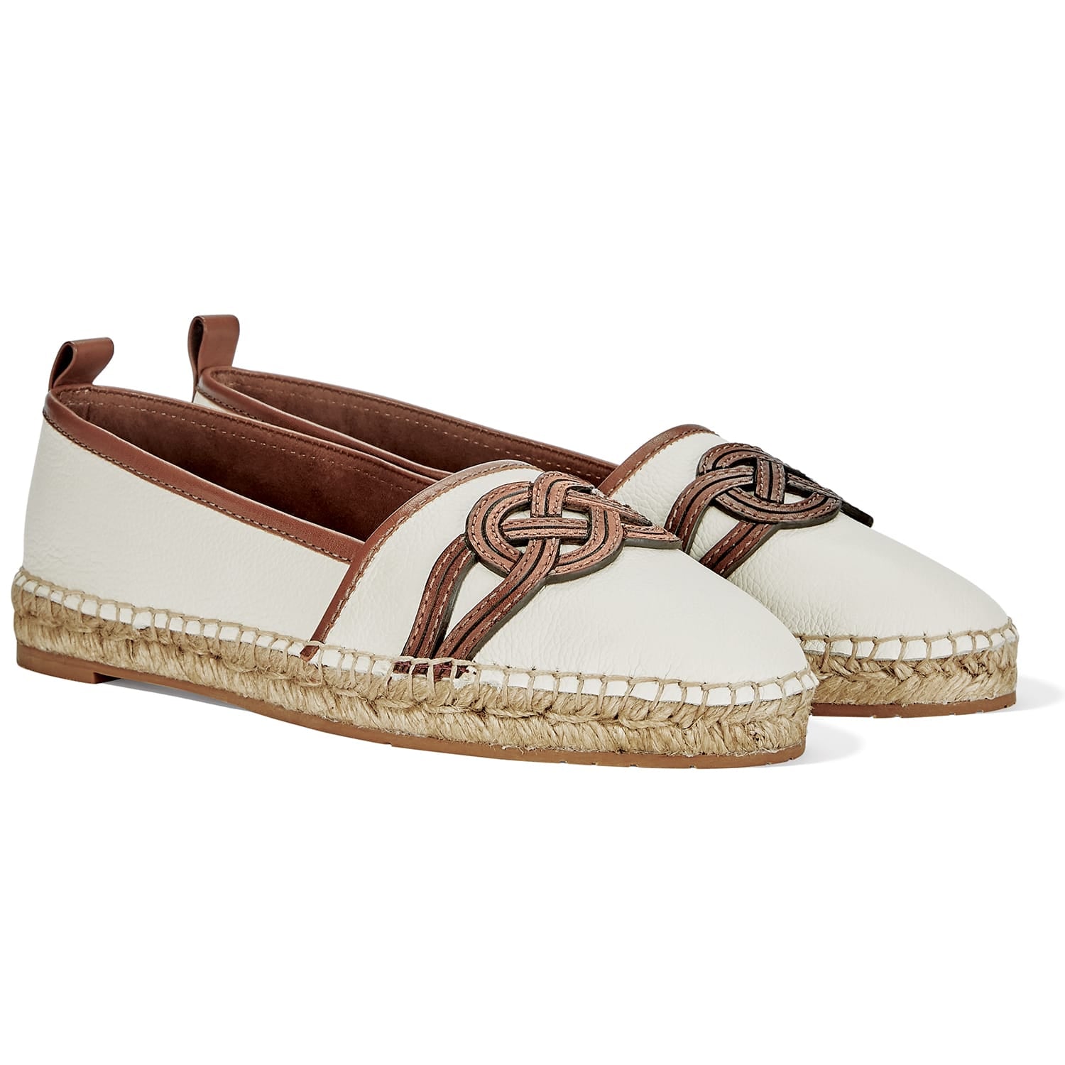 Brighton ivory leather espadrille flats with brown trim, woven knot detail, and jute rope soles on a white background