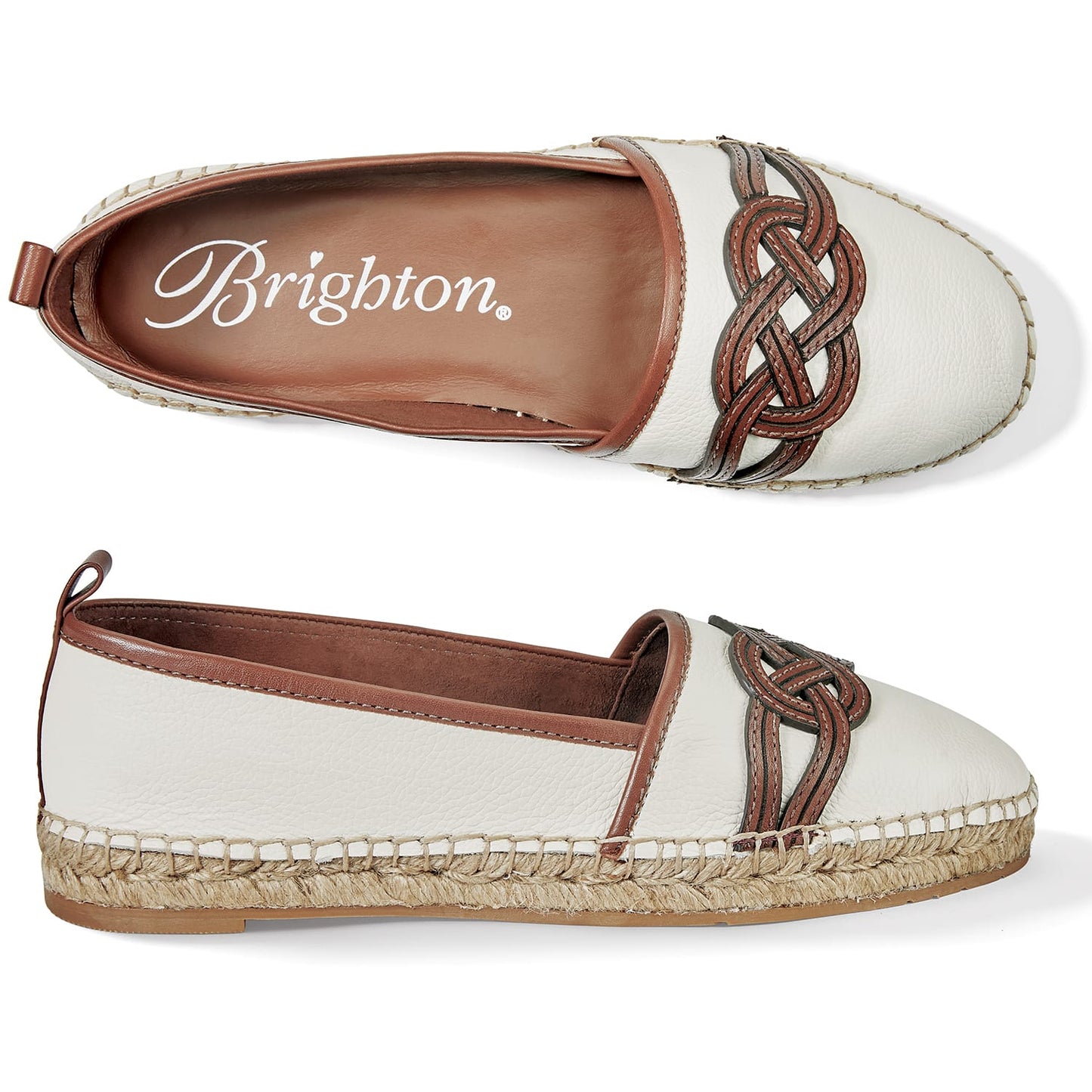 Brighton leather espadrille flats in white with braided brown detail and jute trim, shown from above on a white background