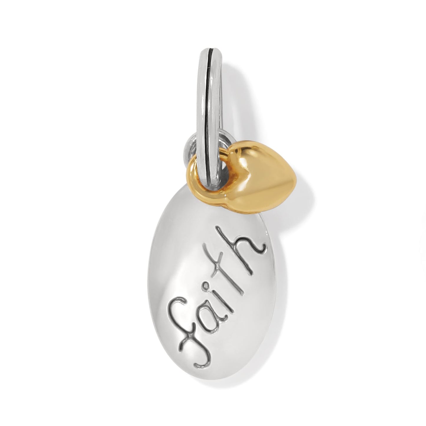 Brighton charm with silver-tone oval engraved with faith and gold-tone heart accent on a white background