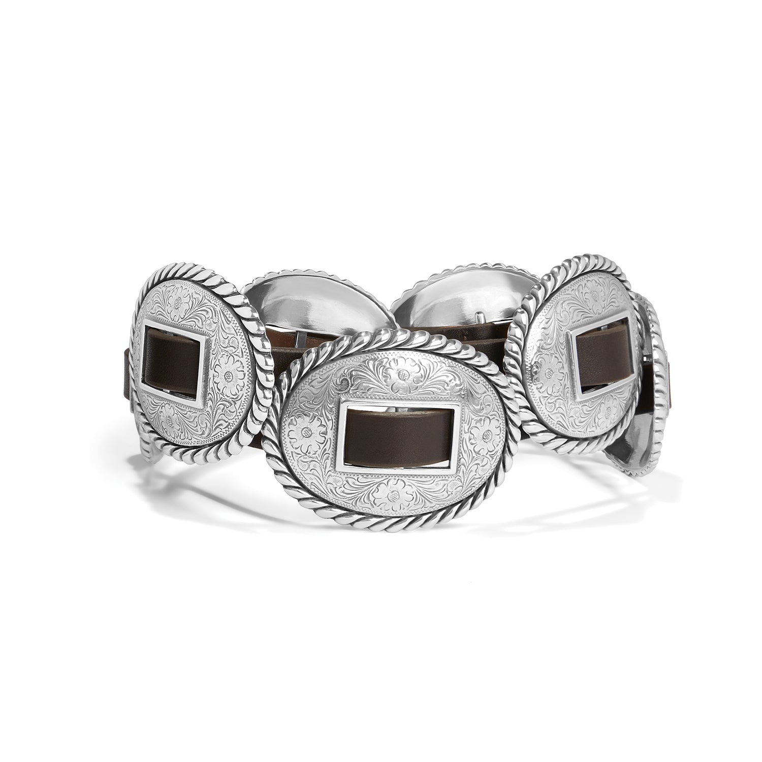 Brighton leather belt with large oval silver-tone engraved concho medallions and rope-edge borders on a white background