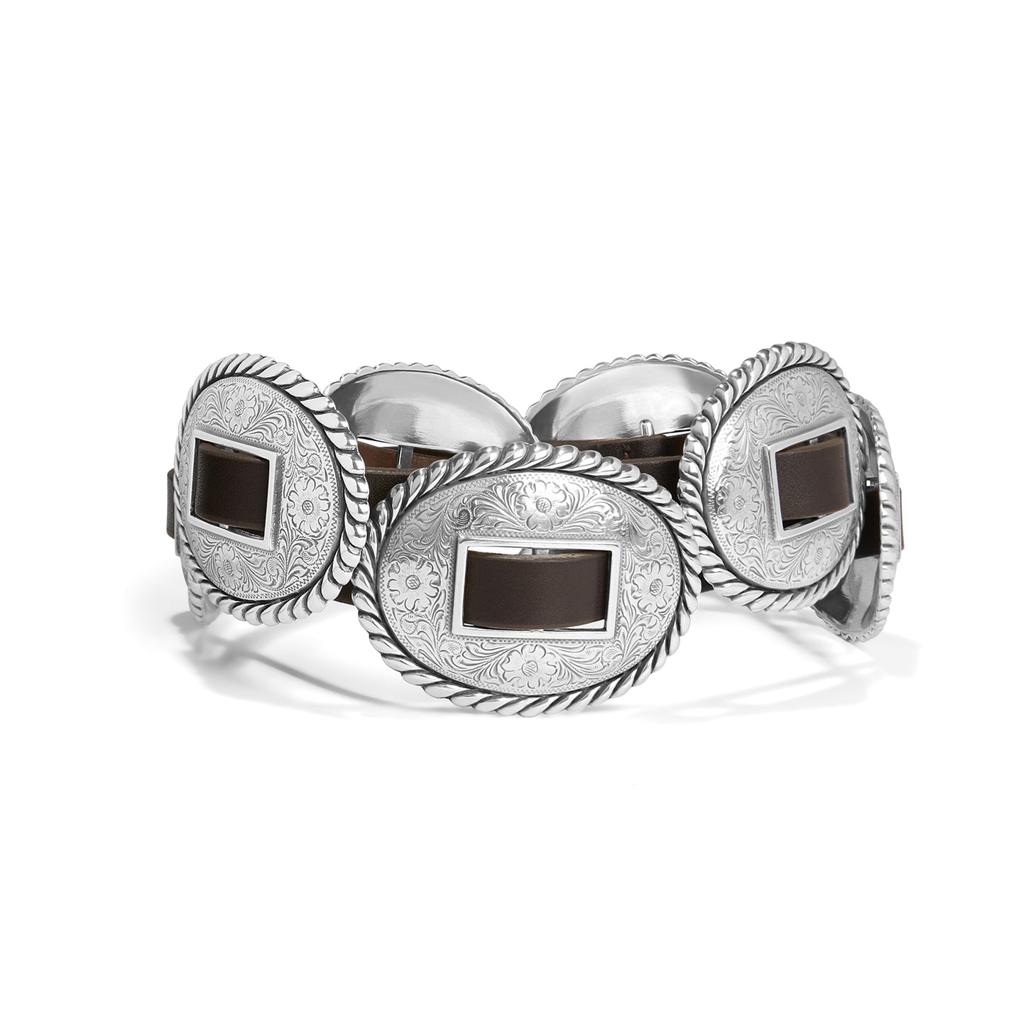 Brighton leather belt with large oval silver-tone engraved concho medallions and rope-edge borders on a white background