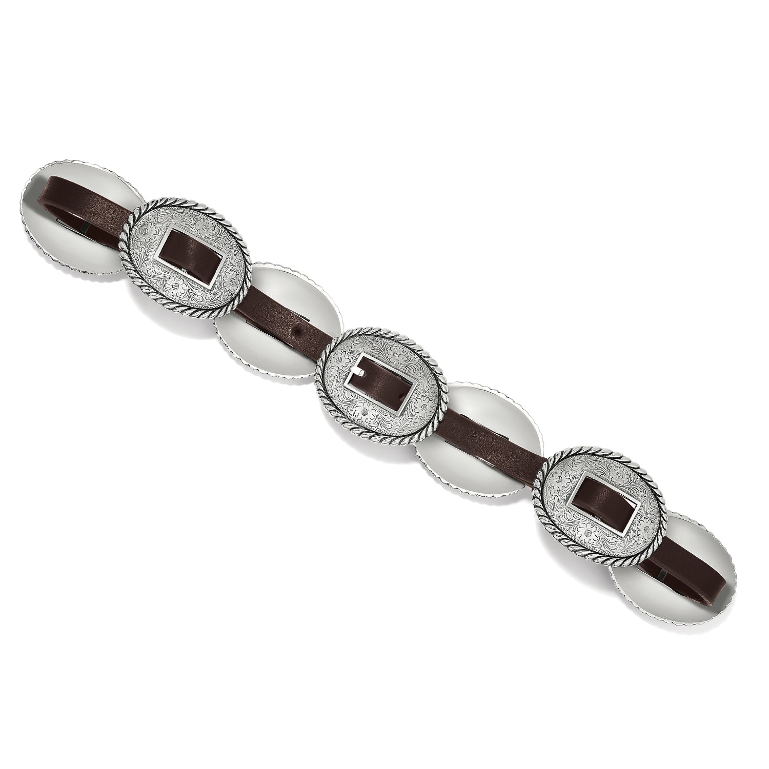 Brighton brown leather belt with three oval silver-tone concho buckles featuring engraved floral scrollwork on a white background