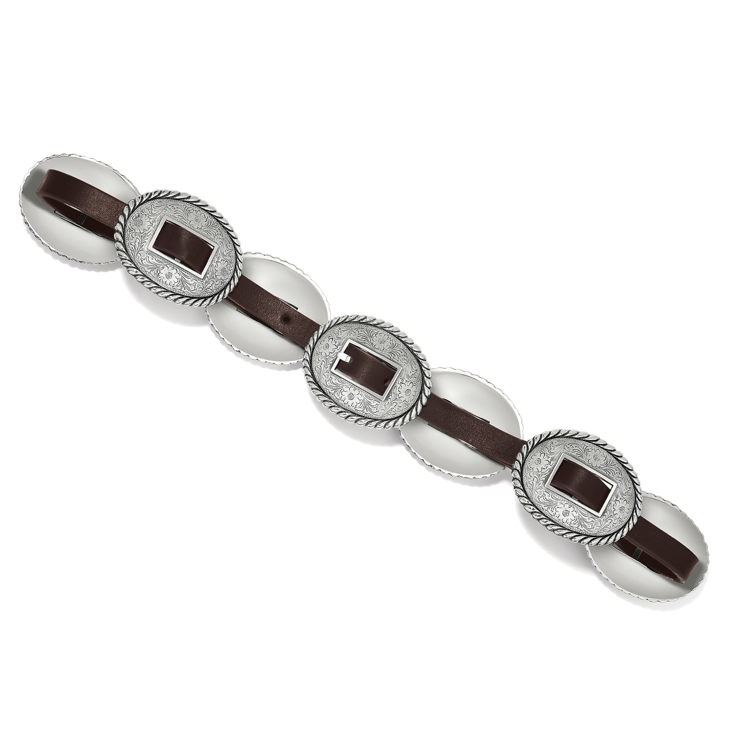 Brighton brown leather belt with three oval silver-tone concho buckles featuring engraved floral scrollwork on a white background