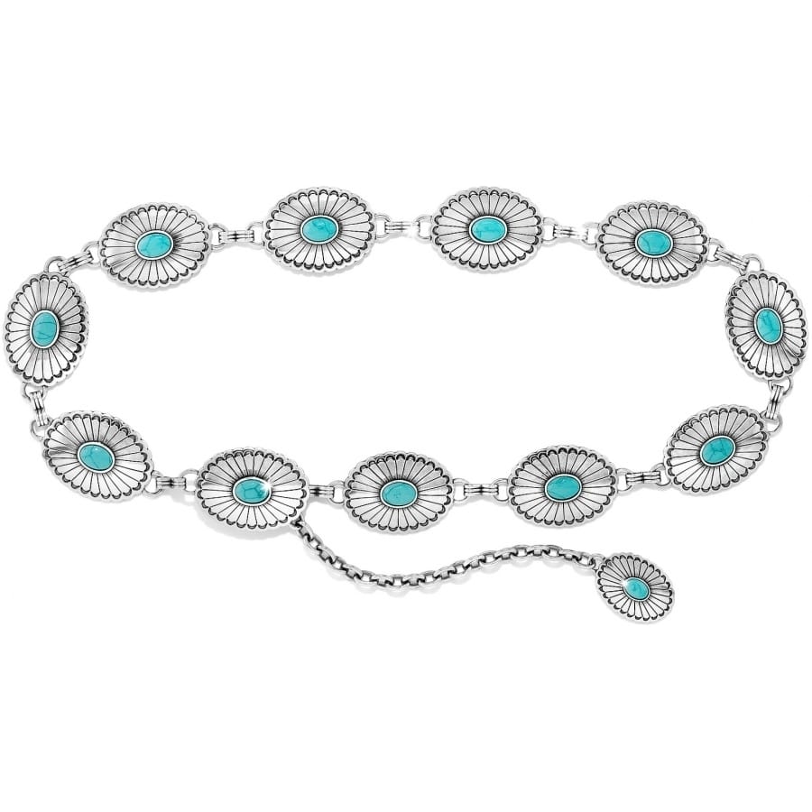 Brighton concho belt with silver-tone oval medallions, turquoise stone centers, and chain links on a white background
