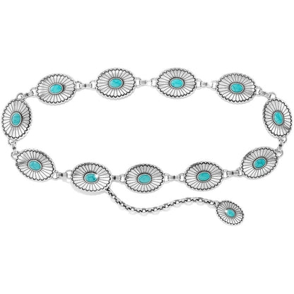 Brighton concho belt with silver-tone oval medallions, turquoise stone centers, and chain links on a white background