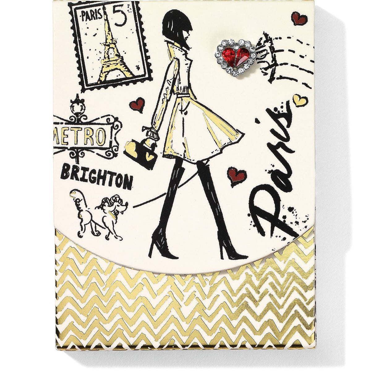 Brighton notepad with illustrated Paris scene featuring fashionable woman, Eiffel Tower stamp, and red crystal heart on a white background