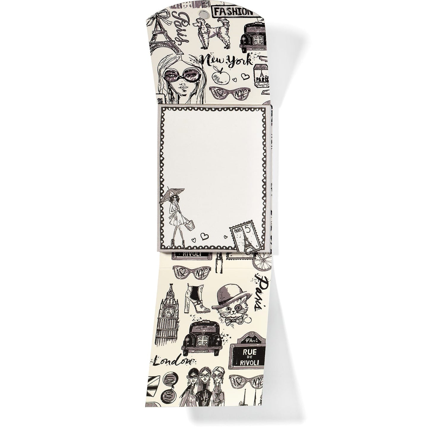 Brighton notepad with black and white fashion illustrations of Paris, London, and New York on a white background