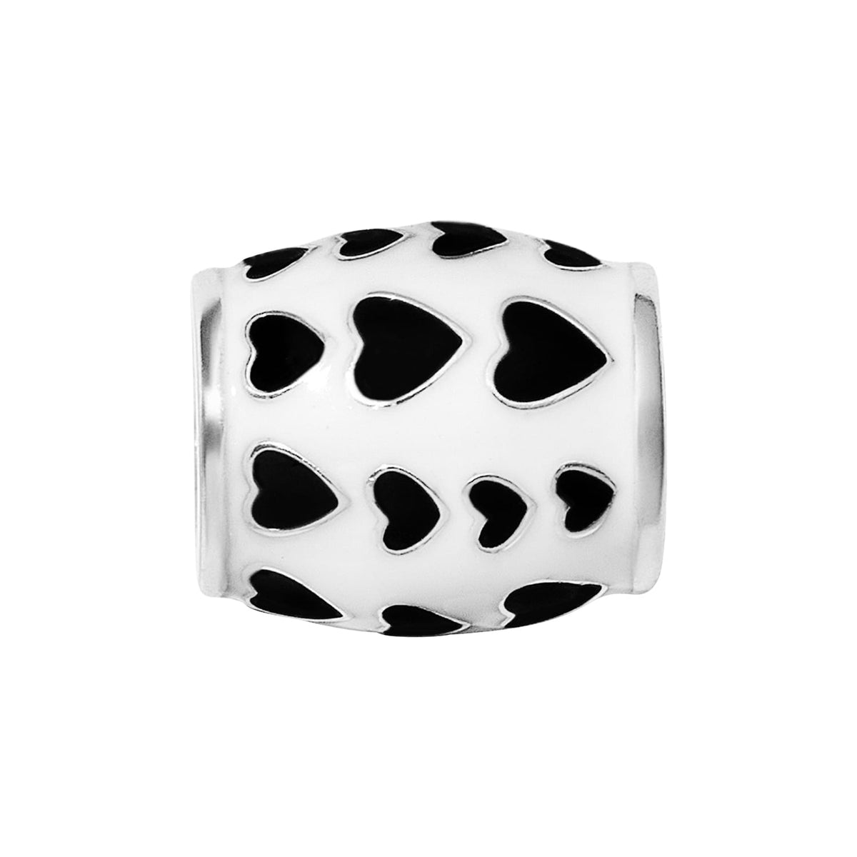 Brighton silver-plated charm bead with white and black enamel heart pattern in barrel shape on a white background