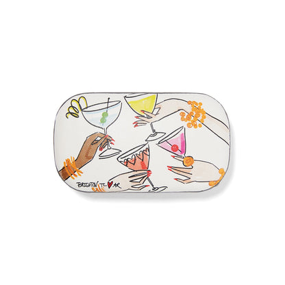 Brighton eyeglass case with illustrated print of hands holding colorful martini cocktail glasses on a white background