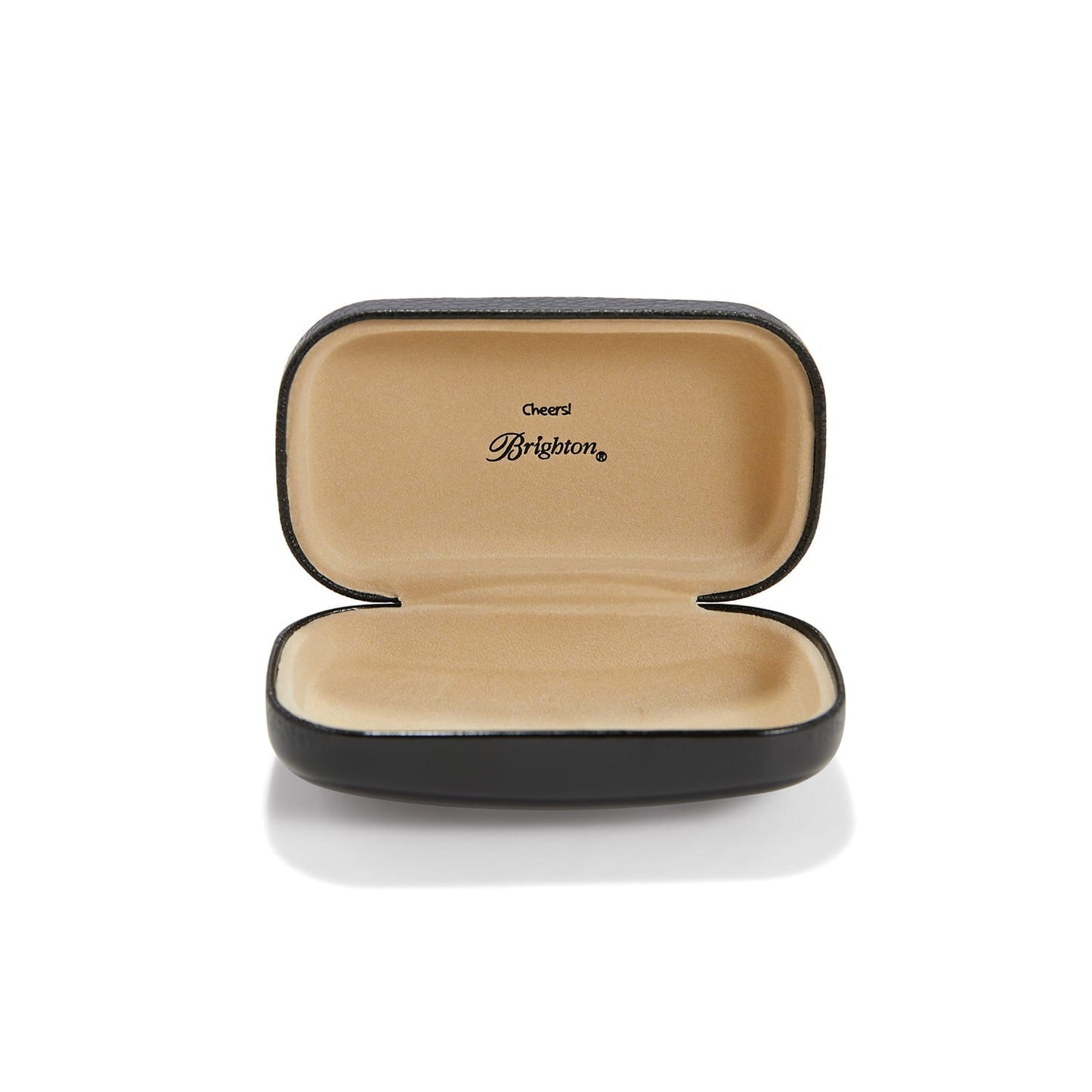 Brighton eyeglass case shown open with black exterior and tan lining printed with Cheers logo on a white background