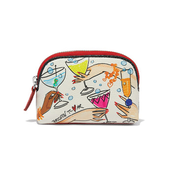 Brighton zip pouch with illustrated cocktail print, red trim, and silver-tone zipper on a white background