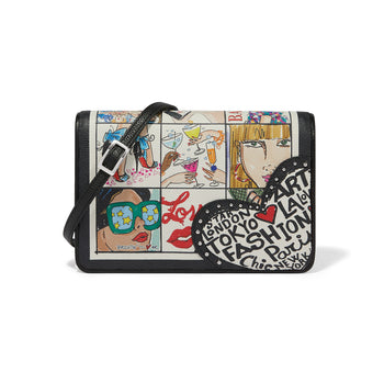 Brighton crossbody handbag with illustrated fashion print, studded heart accent, and black leather strap on a white background