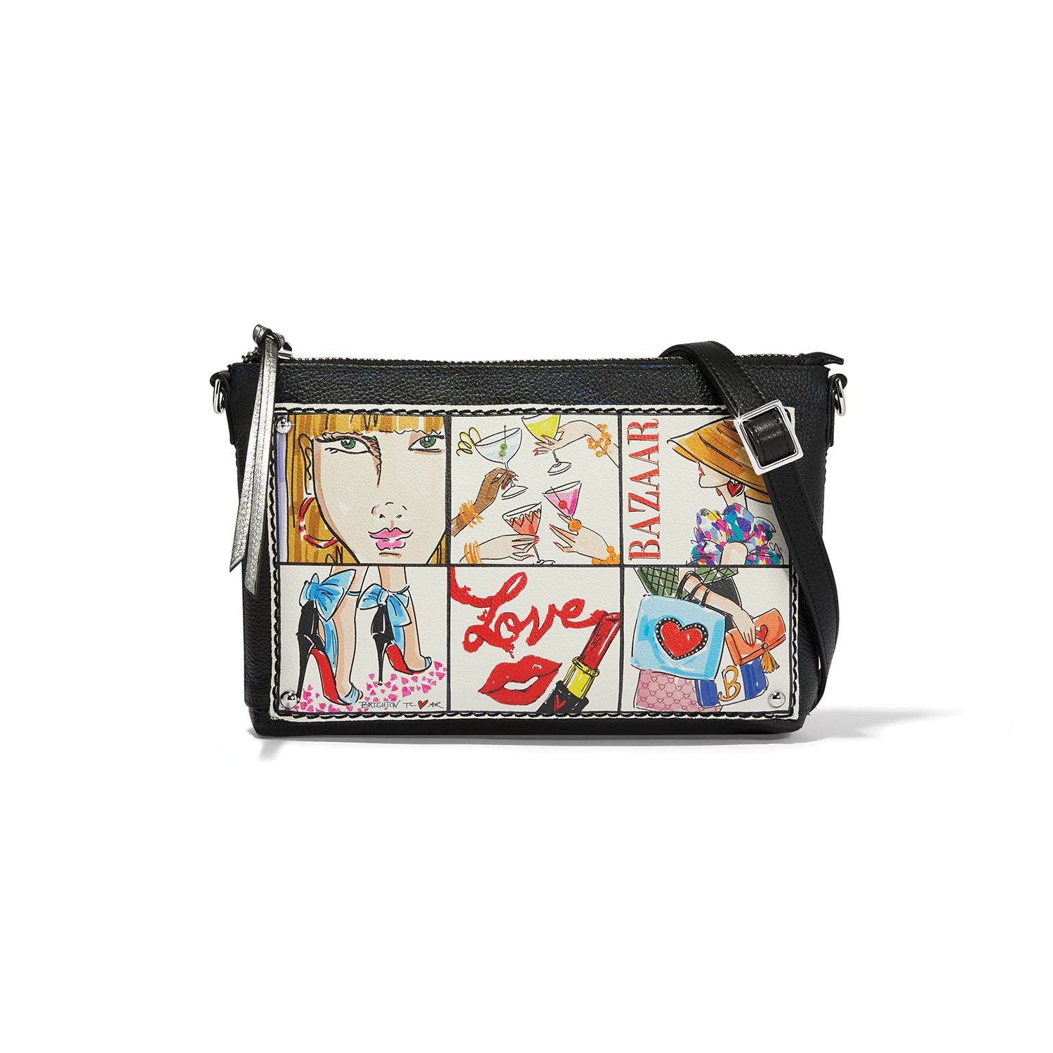 Brighton crossbody handbag with black leather trim and illustrated fashion print panels featuring Love graphic on a white background