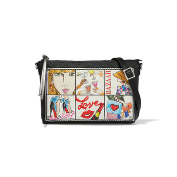 Brighton crossbody handbag with black leather trim and illustrated fashion print panels featuring Love graphic on a white background