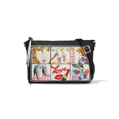 Brighton crossbody handbag with black leather trim and illustrated fashion print panels featuring Love graphic on a white background