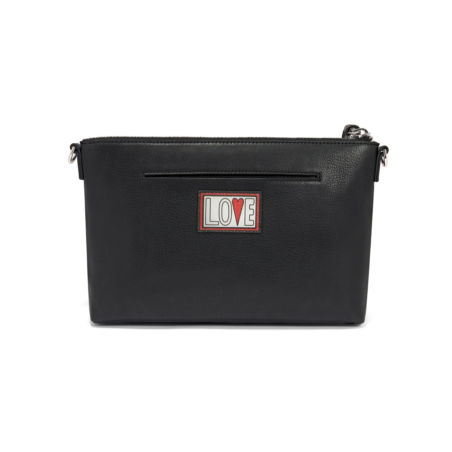 Brighton black leather handbag shown from the back with LOVE patch, slip pocket, and silver-tone hardware on a white background