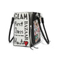 Fashionista Cover Girls Tote bag view from side showing text Glam First Class Haute Bazaar