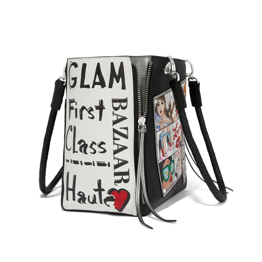 Fashionista Cover Girls Tote bag view from side showing text Glam First Class Haute Bazaar