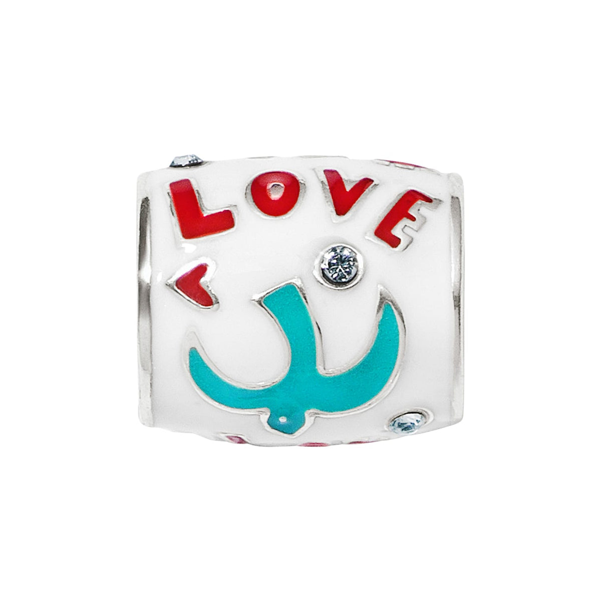 Brighton charm bead with white enamel, red LOVE lettering, turquoise dove, and crystal accents on a white background