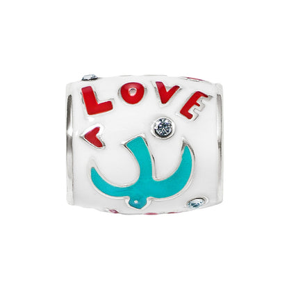 Brighton charm bead with white enamel, red LOVE lettering, turquoise dove, and crystal accents on a white background