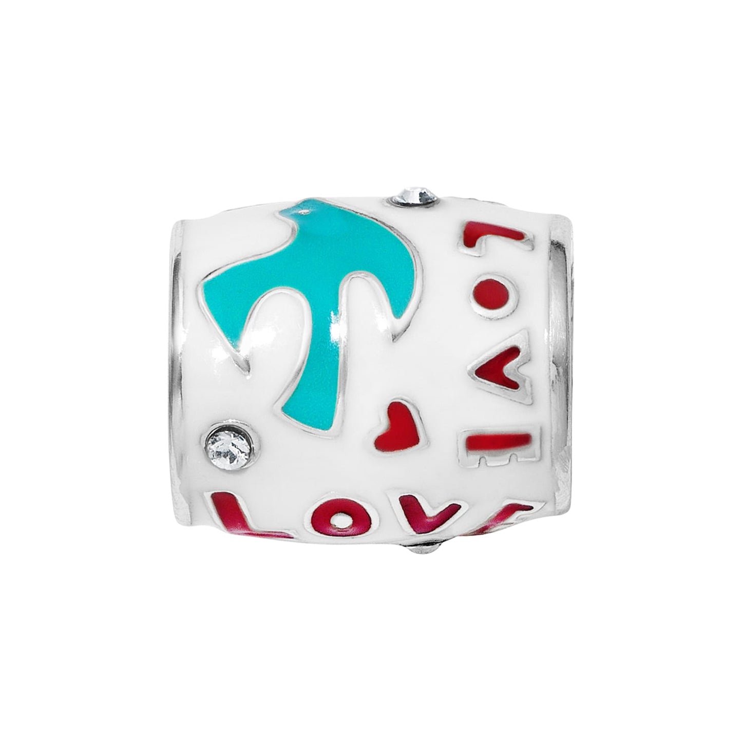 Brighton silver-plated bead charm with white enamel, turquoise dove, red Love lettering, and crystal accents on a white background