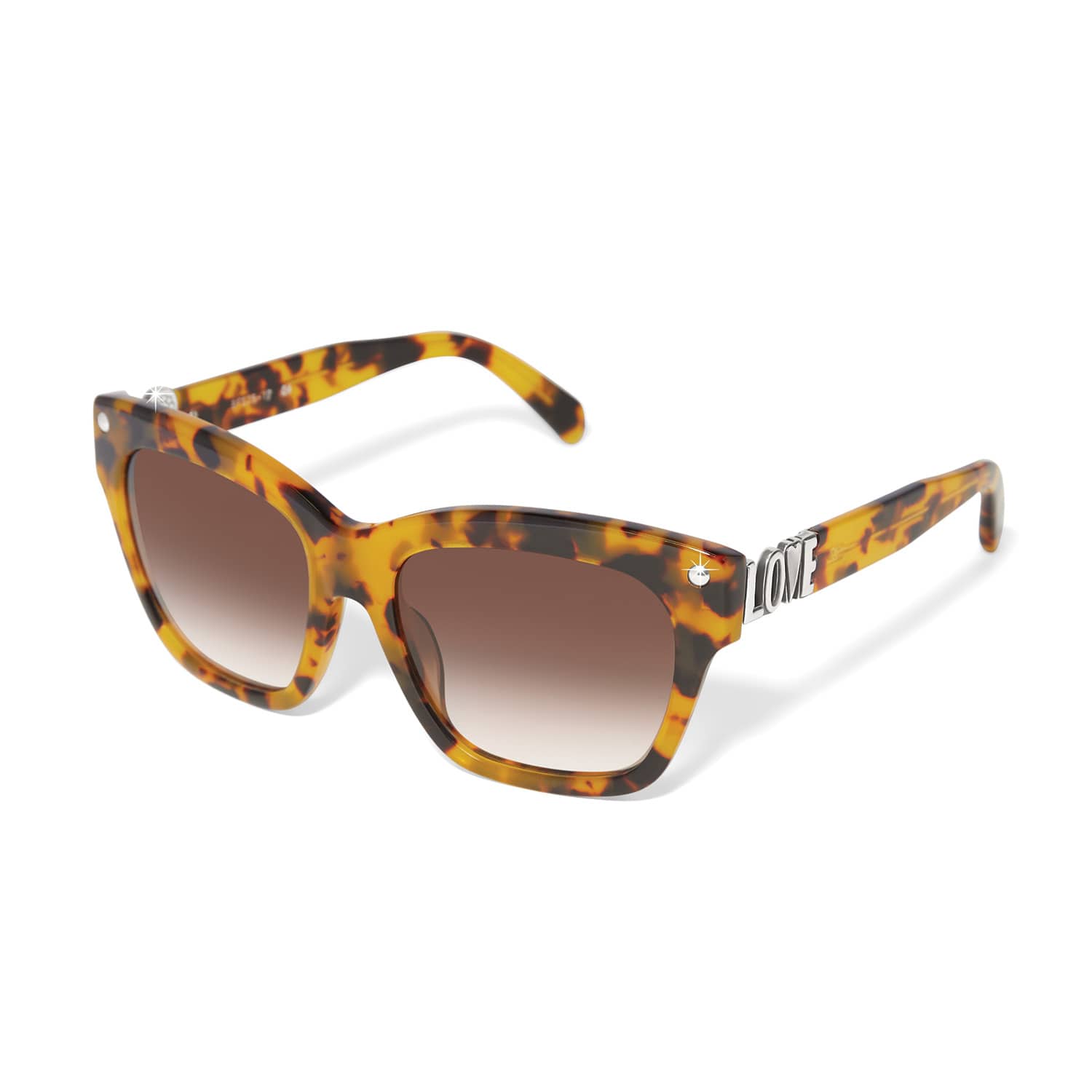 Brighton sunglasses with tortoiseshell frames, brown gradient lenses, and silver-tone LOVE temple detail on a white background