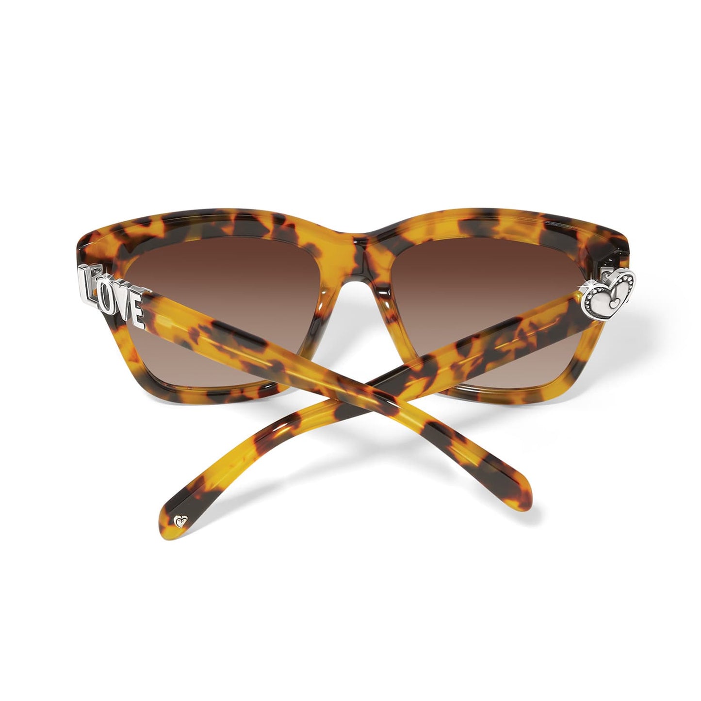 Brighton sunglasses shown from the back in tortoise frames with silver-tone LOVE lettering and heart accent on a white background