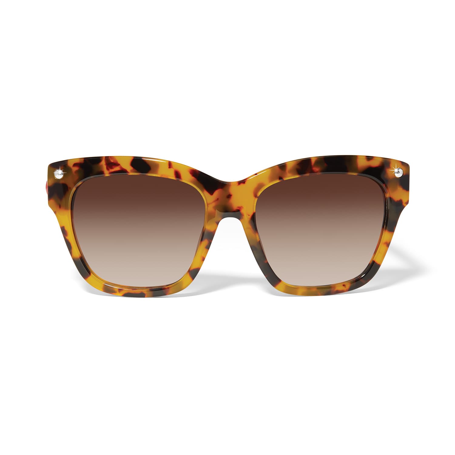 Brighton square sunglasses with tortoiseshell frames, brown gradient lenses, and crystal accents at temples on a white background