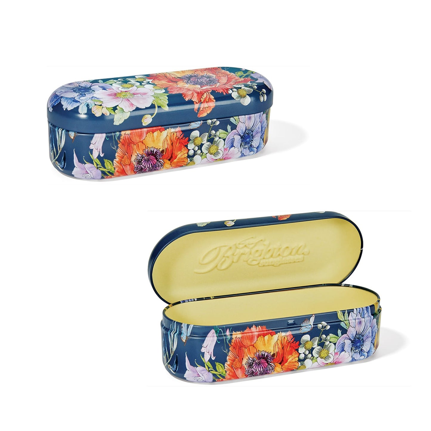 Brighton sunglasses case with floral print on navy background, shown closed and open with yellow interior, on a white background