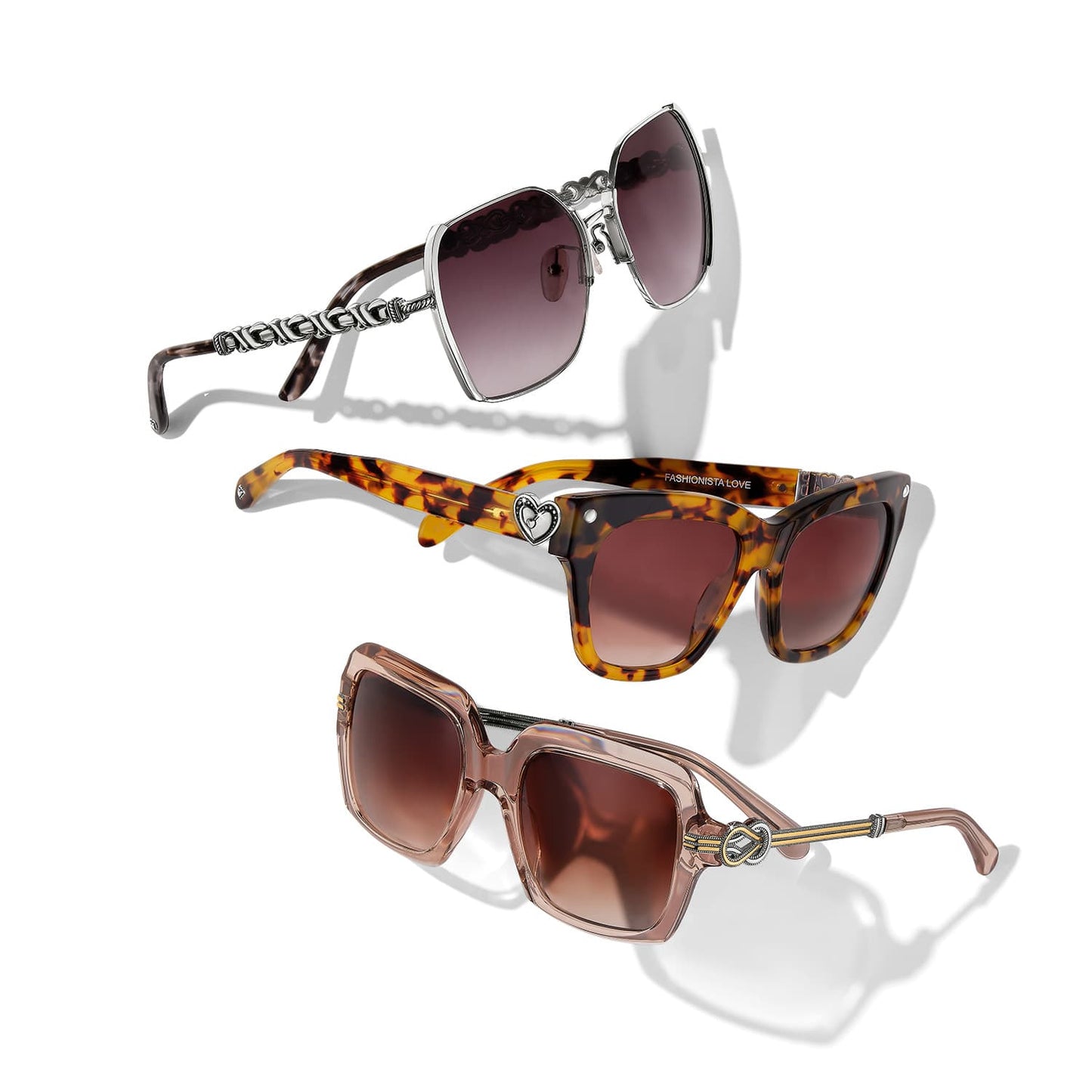 Brighton sunglasses trio in silver-tone wire, tortoise shell, and translucent pink square frames with gradient lenses on a white background