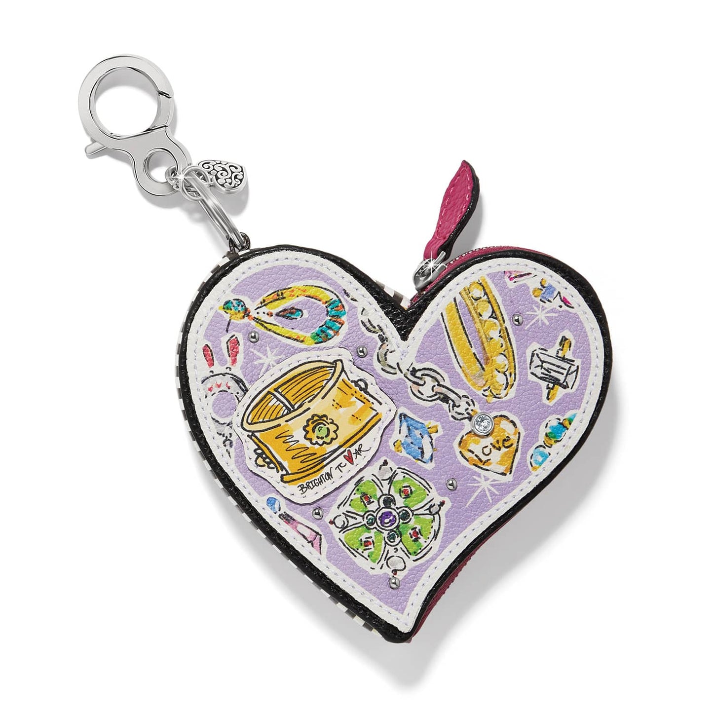 Brighton heart-shaped leather bag charm with illustrated jewelry print and silver-tone clasp on a white background